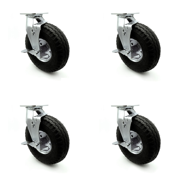 10 Inch Black Pneumatic Wheel Swivel Casters with Brake and Bolt Swivel Lock Set